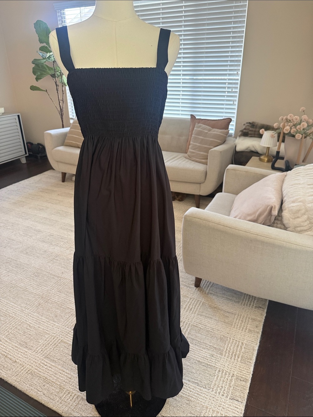 Zara Black Smocked Bodice Tiered Maxi Dress